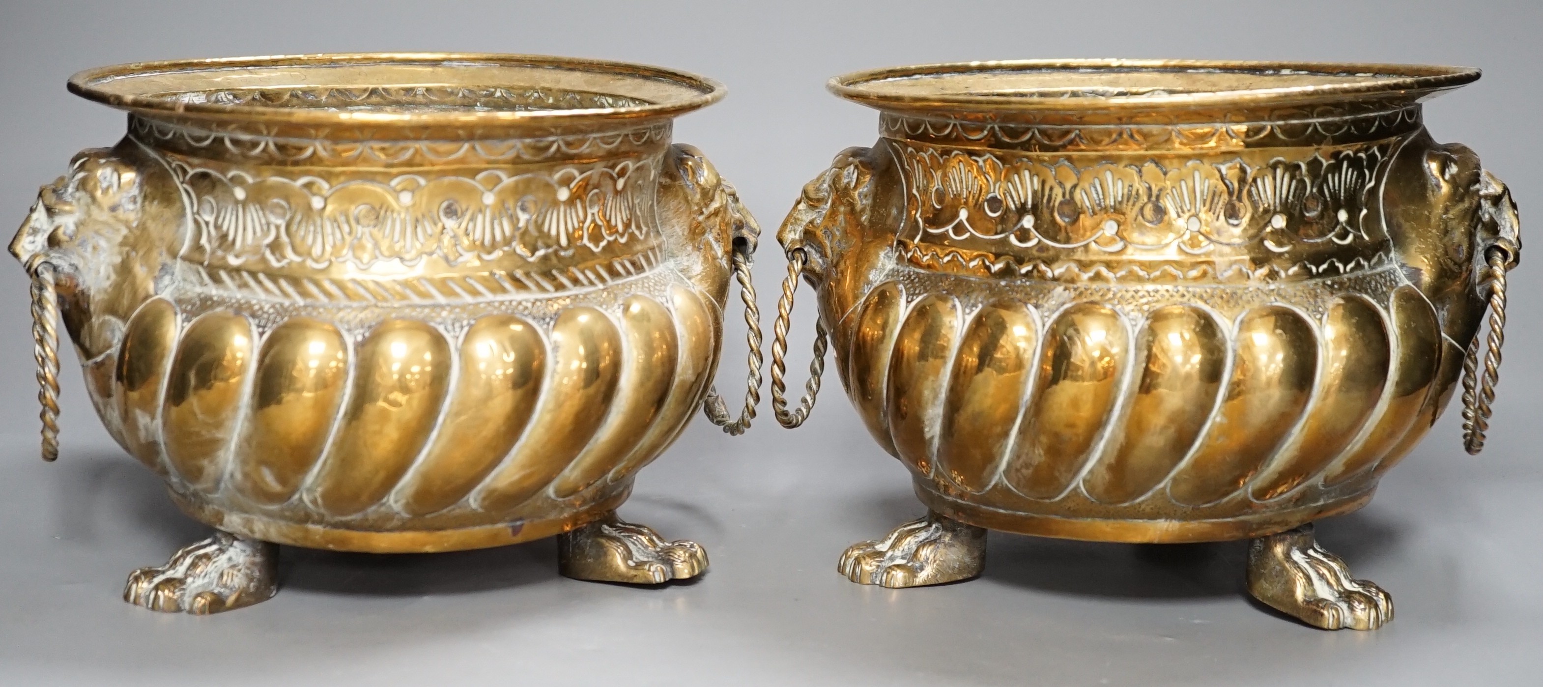 A pair of 19th century Dutch brass two handled jardinieres, 25cm handle to handle